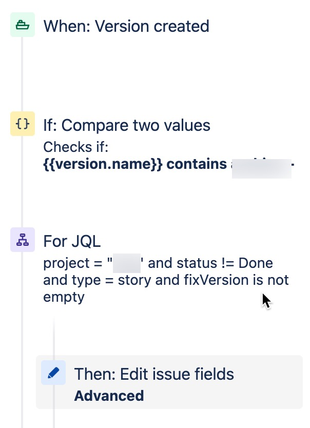 Automation Rule Image showing rule to add new fix version field keeping older one intact