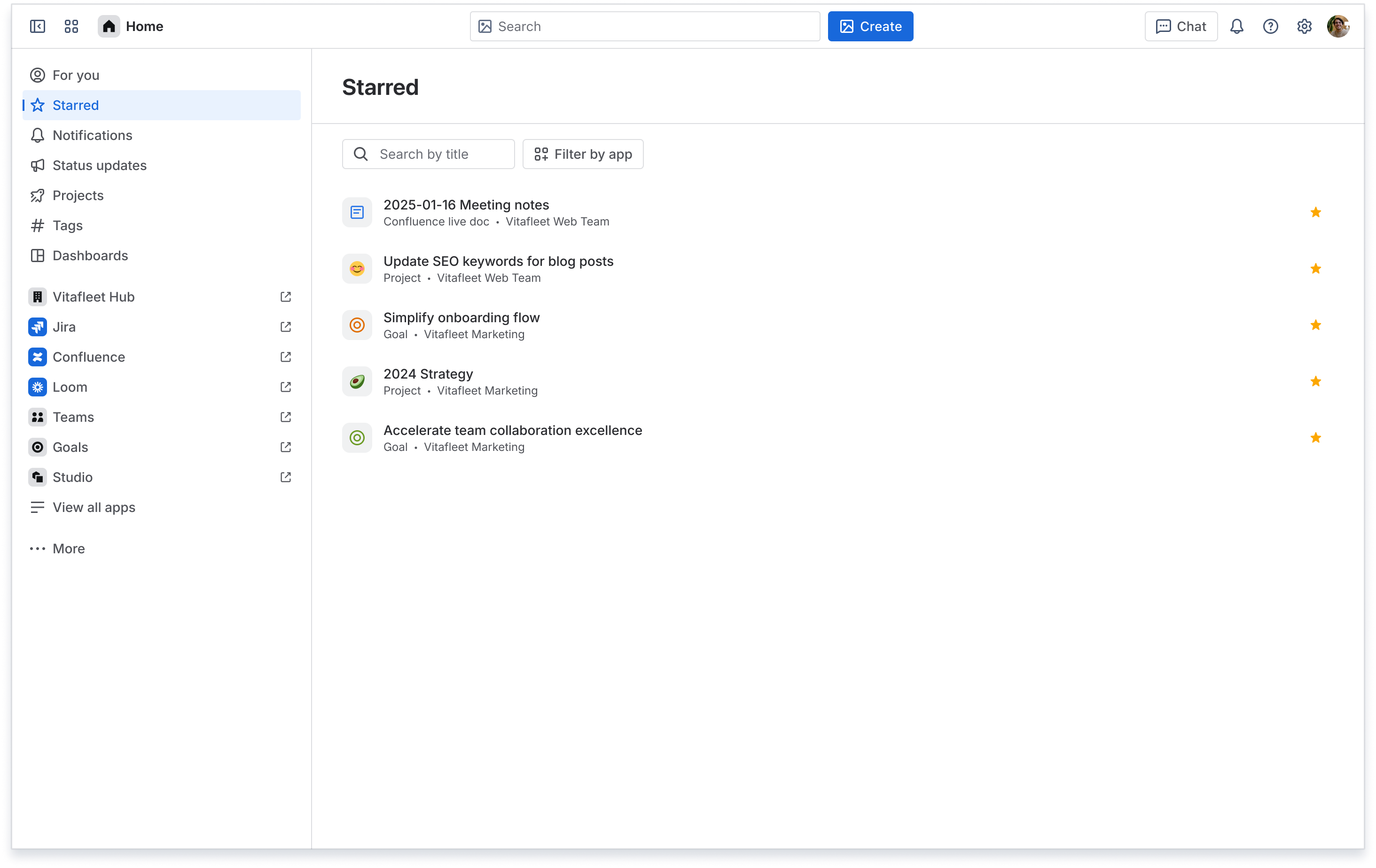 screenshot of starred list of items in Home