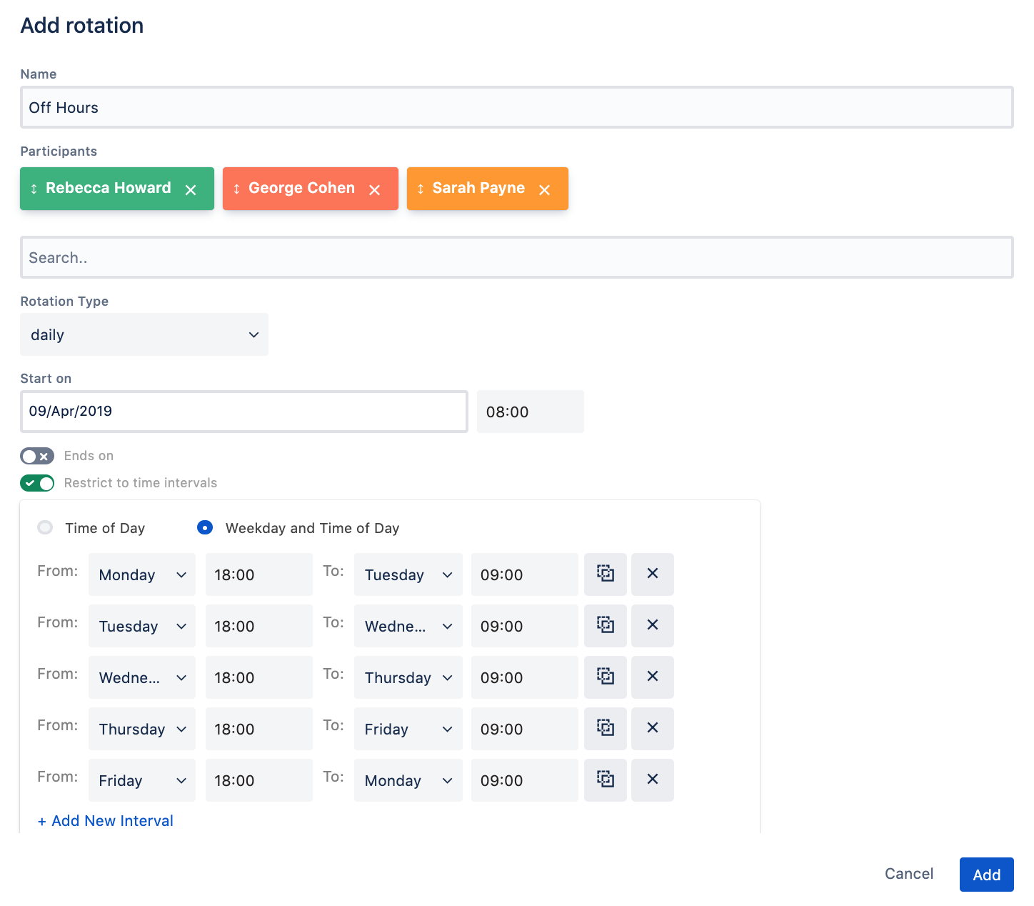 A screenshot showing a schedule set to business after hours in Opsgenie.