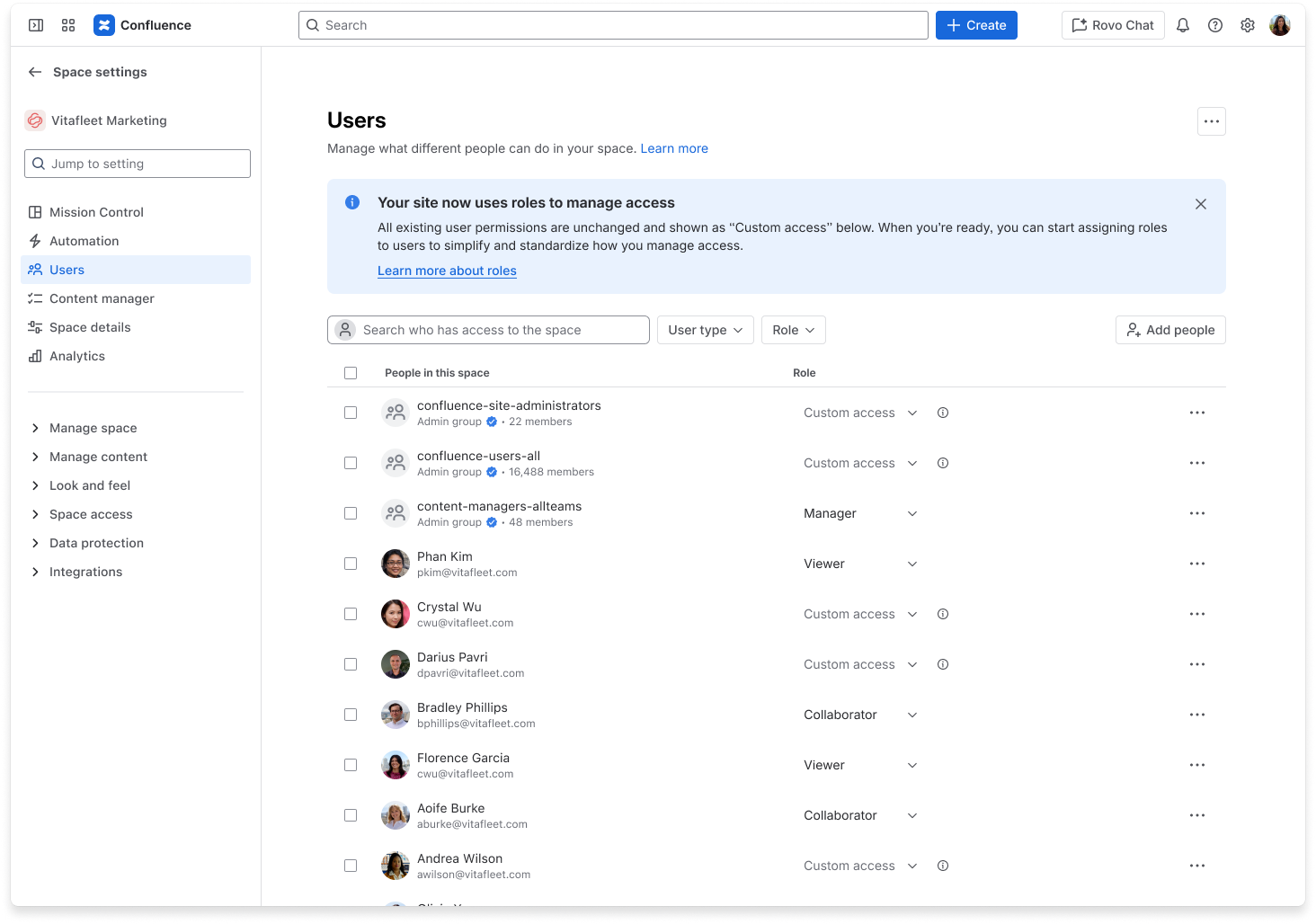Confluence Space settings Users page showing the roles banner and Role column for people and groups.