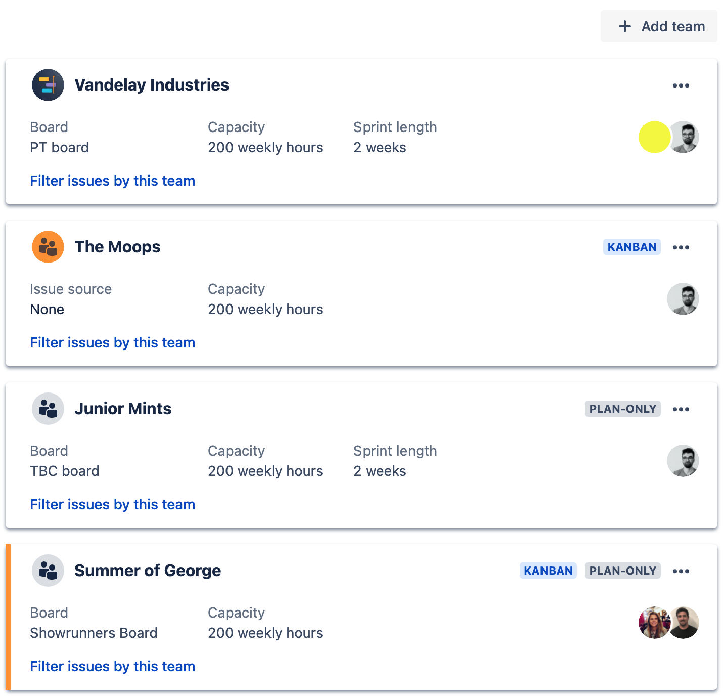 The teams dropdown in Advanced Roadmaps depicting a card that displays the team's name, and board and sprint metadata.