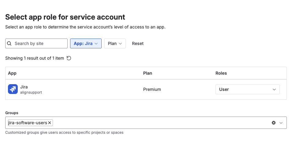 image of Jira align select app role for service account sc