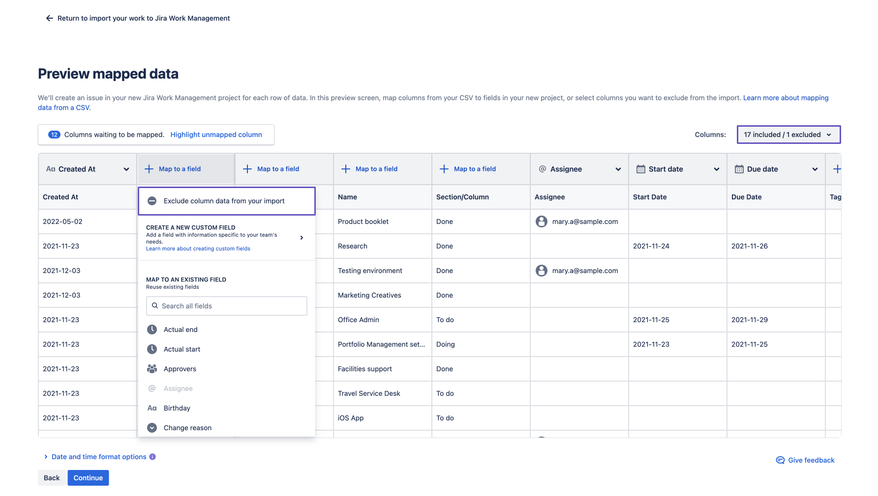 Preview of how to exclude data from your import