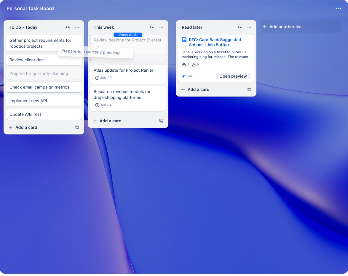 Merging cards with AI in Trello.