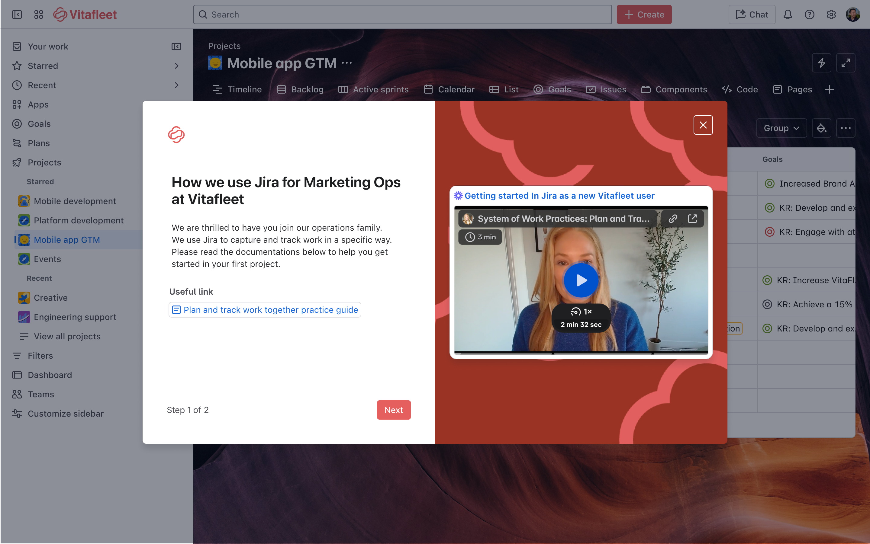 Custom onboarding experience for new Jira users working at Vitafleet