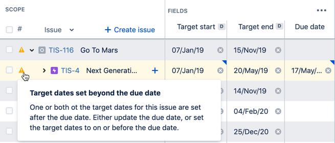 A warning that you may see in Advanced Roadmaps for Jira Software Cloud - Target date beyond the due date