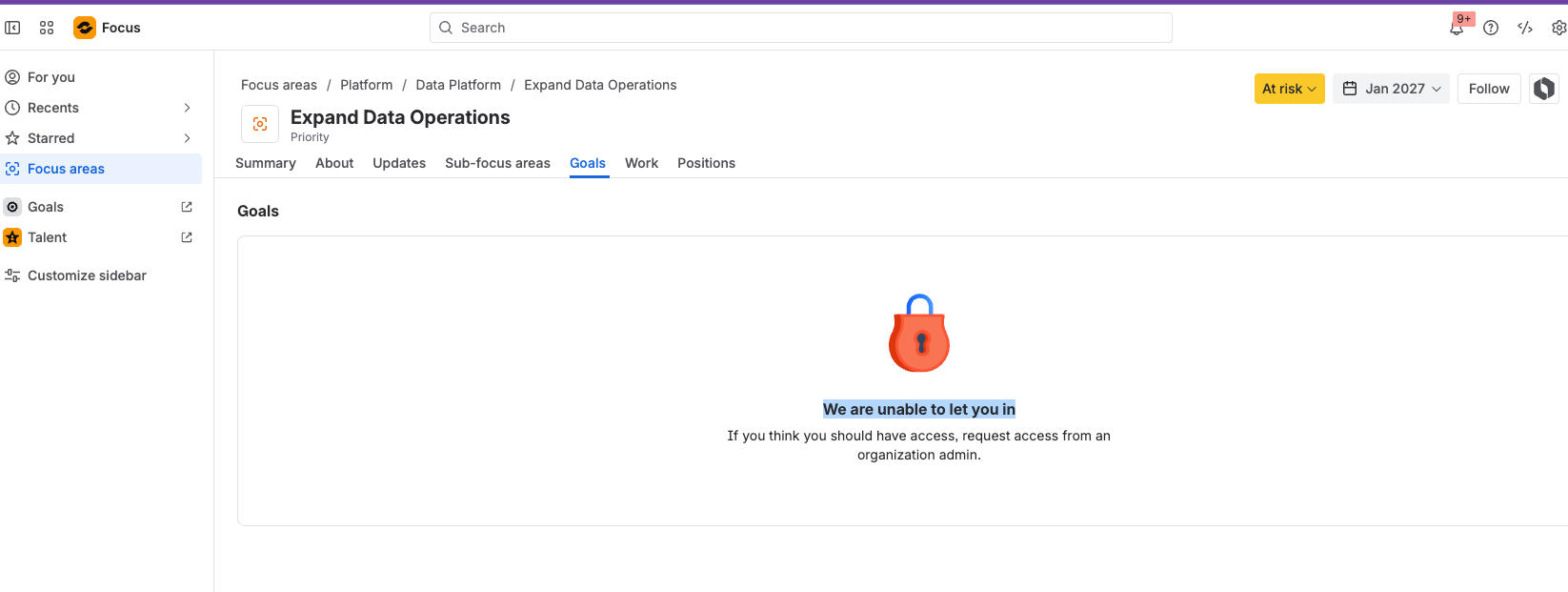 image of Goals screen with error "we are unable to let you in" inside Focus app