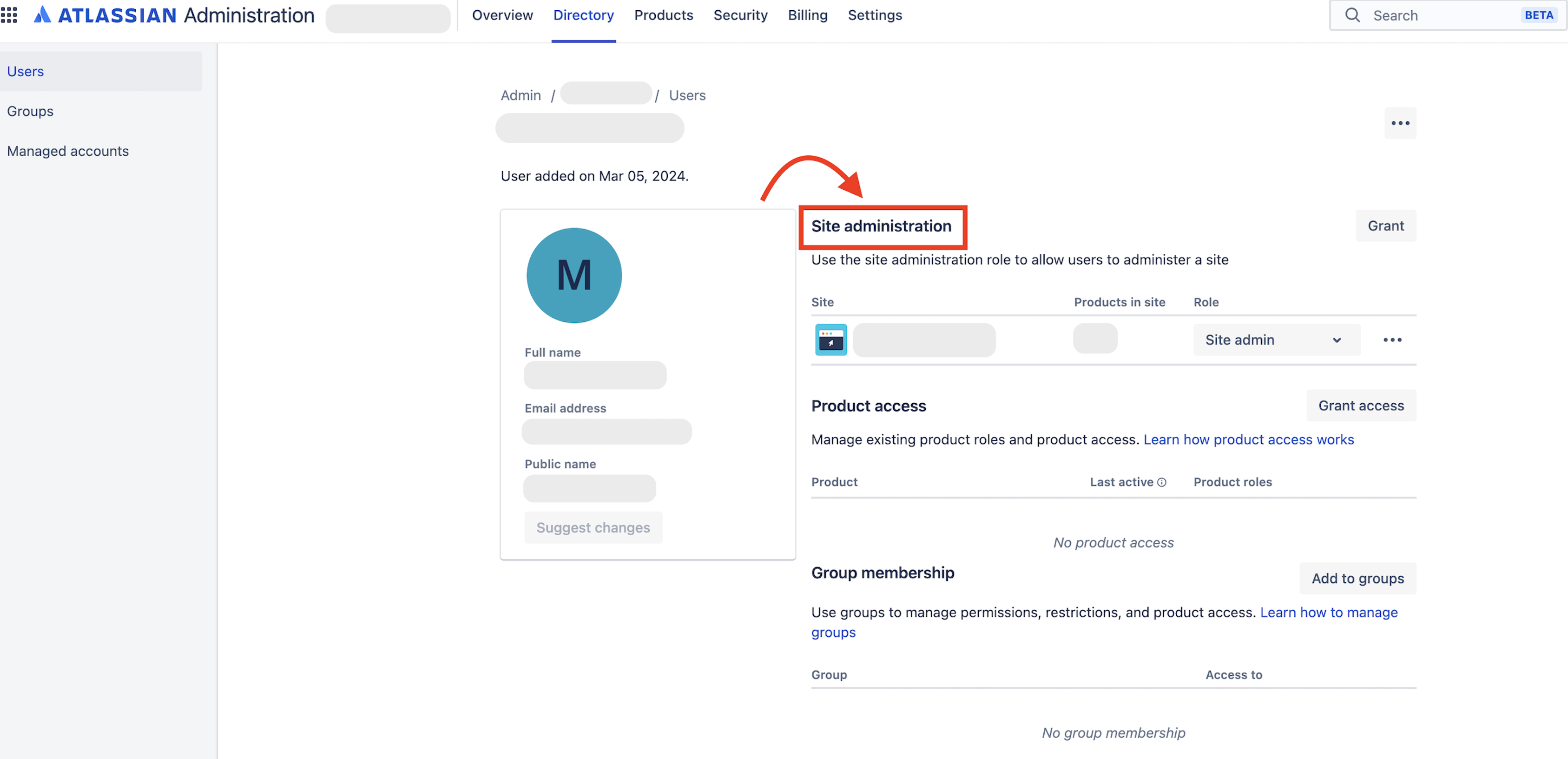 Screenshot of the user's account profile in the Users page on the centralized user management experience. The screenshot shows that the end user has the Site admin. role assigned to their account