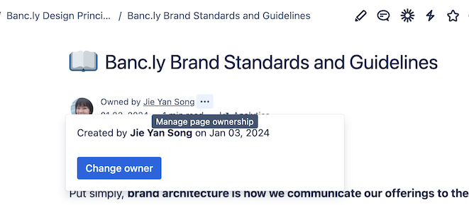 Confluence ページの場合、署名欄から所有権の譲渡プロセスを開始できます。