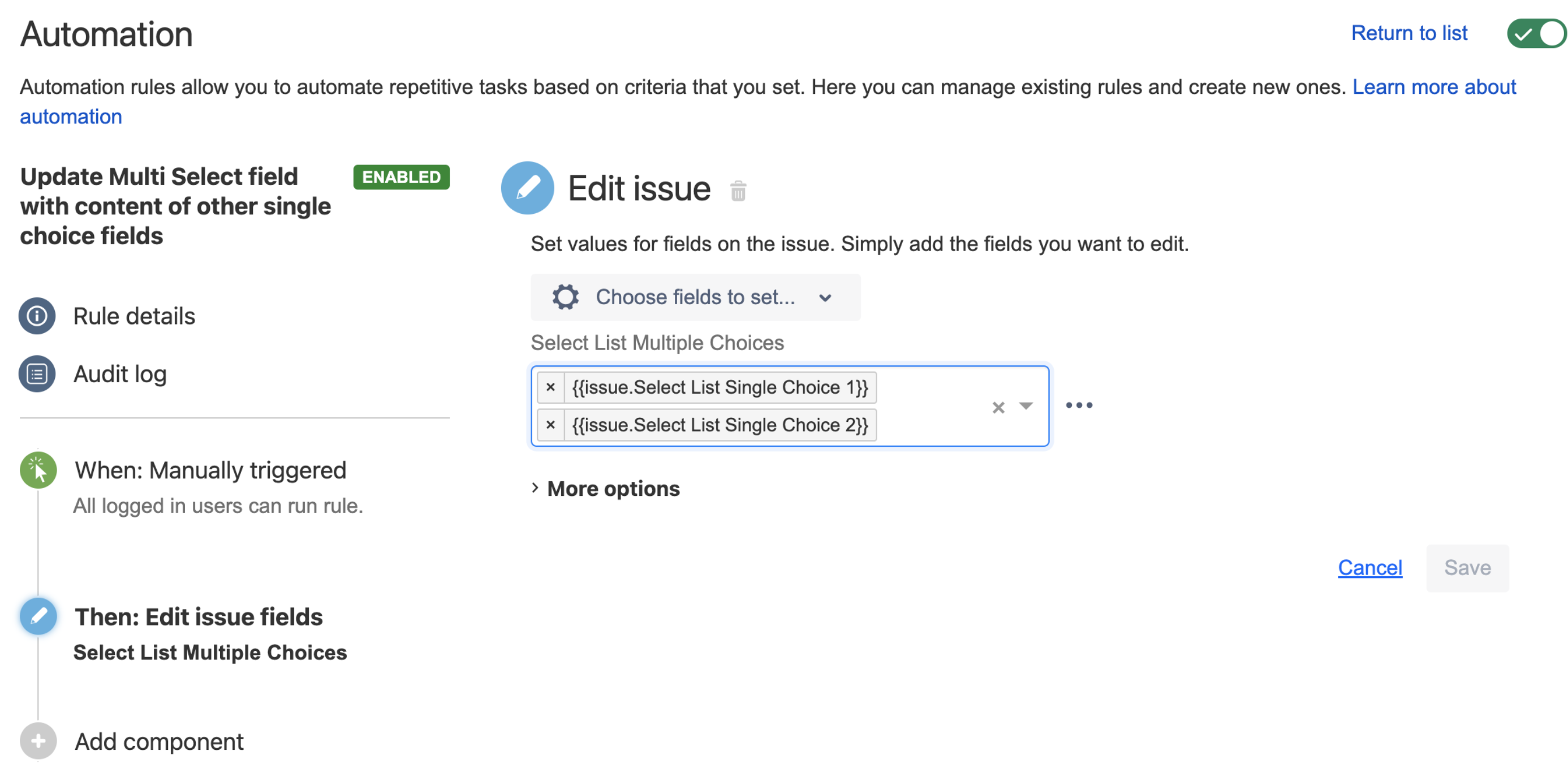 Set single select multiple choice field using smart value using automation 