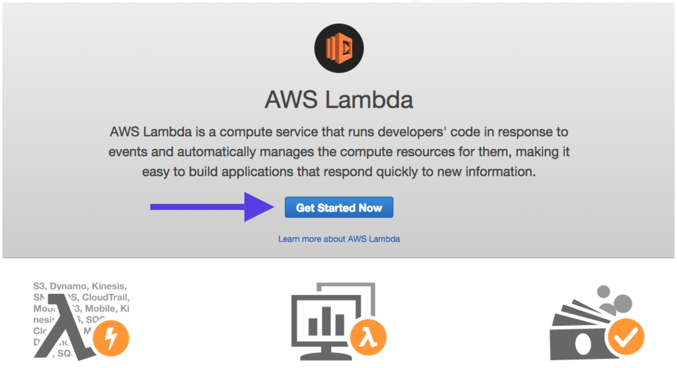 An image showing the get started button for AWS Lambda.