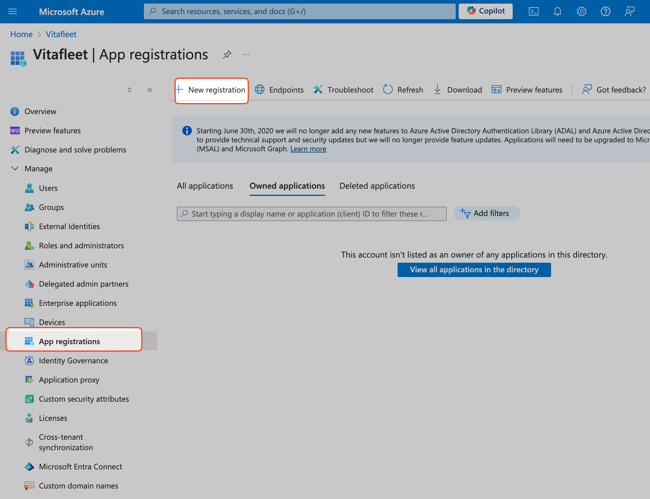 Screenshot of App registrations screen in Azure portal with New registration highlighted