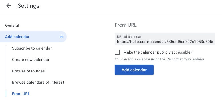 Google カレンダーの設定ページ。前のステップの URL が貼り付けられました。カレンダー ボタンを追加して保存します。