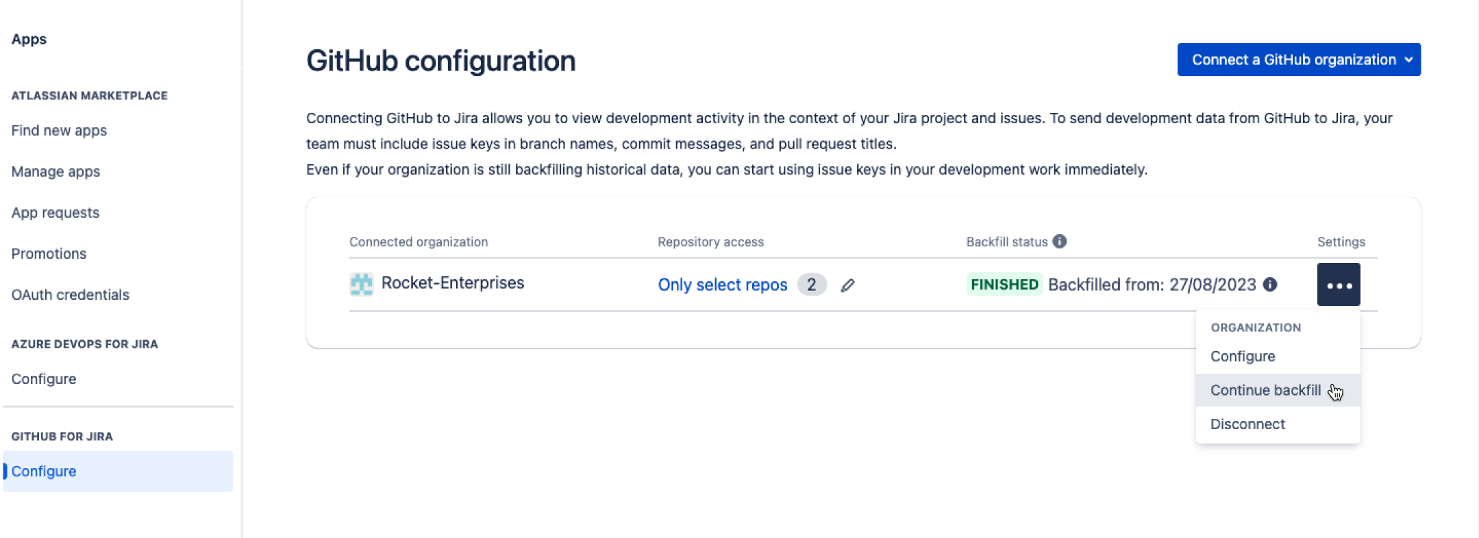 [Continue Backfill (バックフィルを続行)] オプションが選択された [設定] メニューが表示されている Jira の GitHub 設定画面。