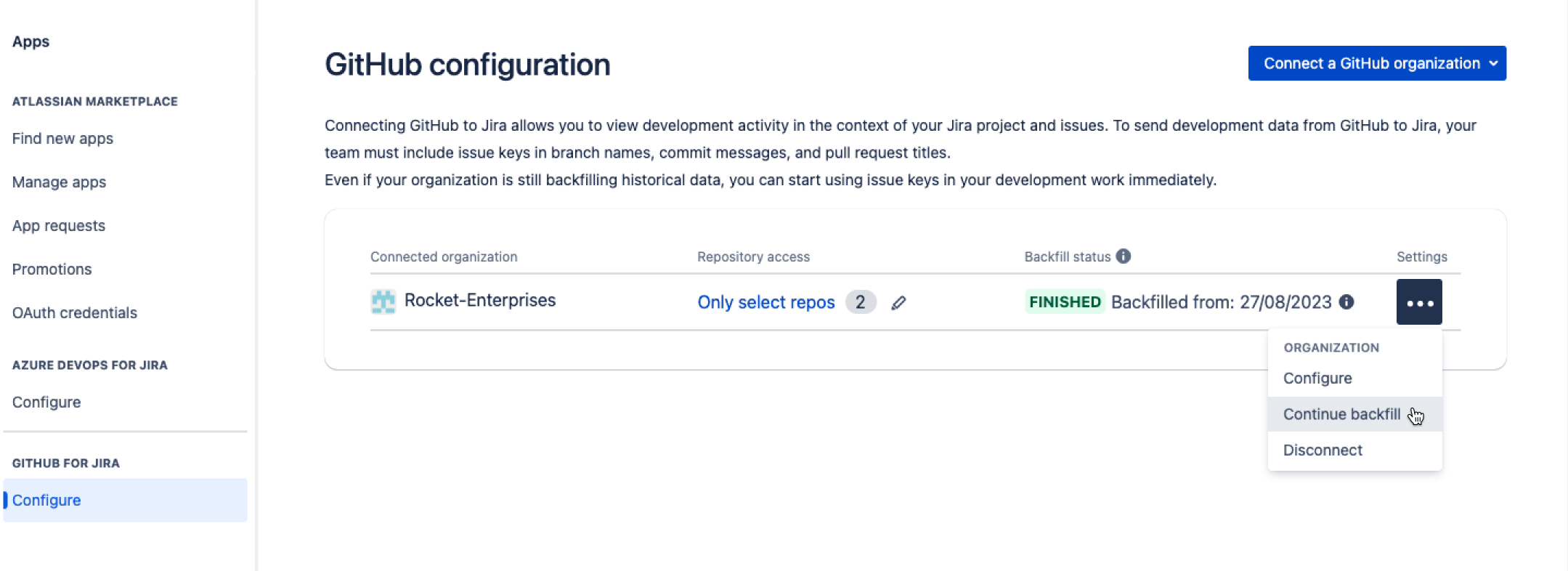 GitHub configuration screen in Jira, showing the Settings menu with the option Continue Backfill selected.