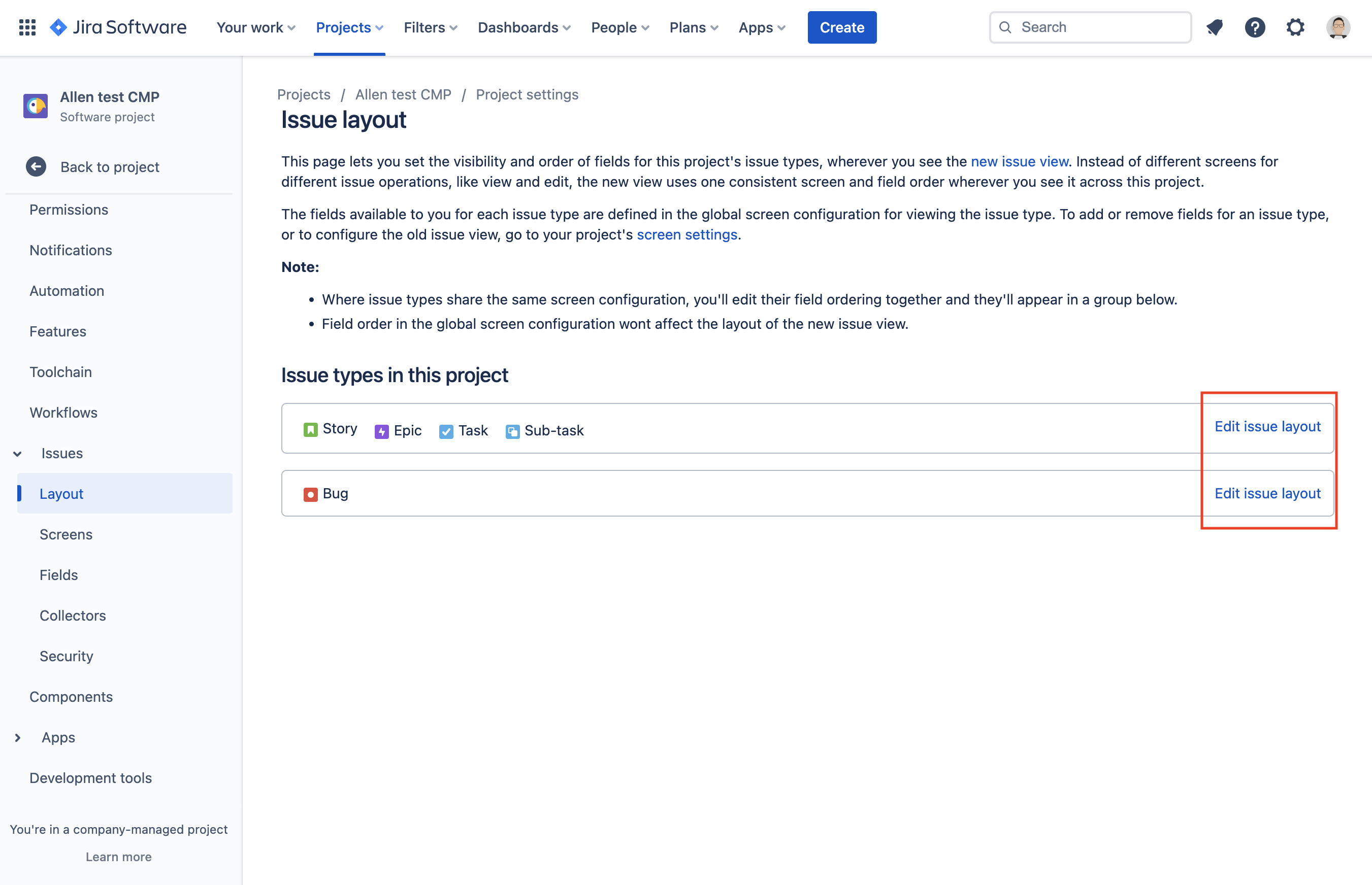 The Issue Layout page in a Jira Project's settings.