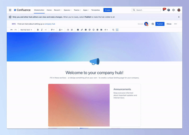 An animated gif scrolling through the landing page template for creating a company hub