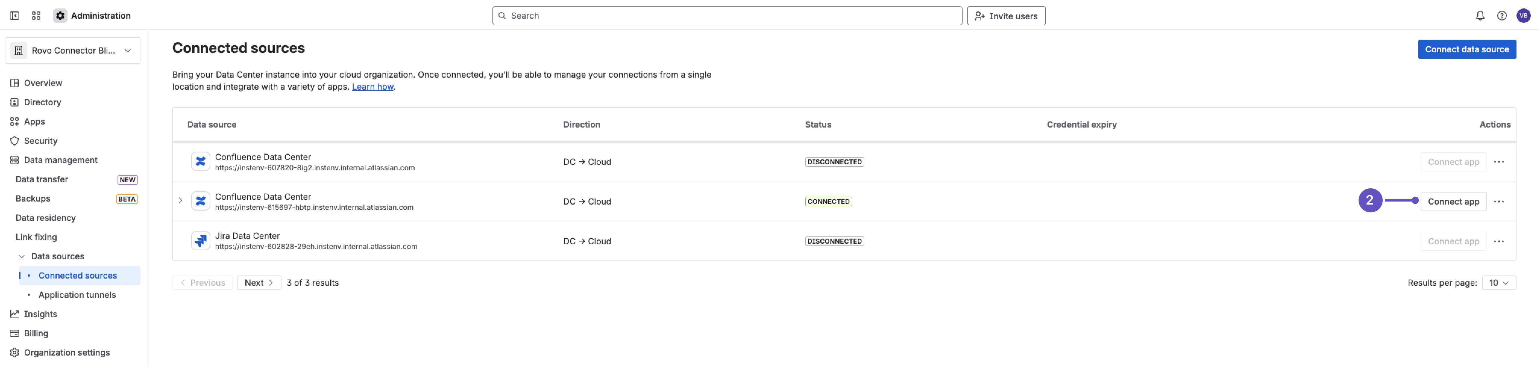 Connected sources page in Atlassian admin with Connect app option