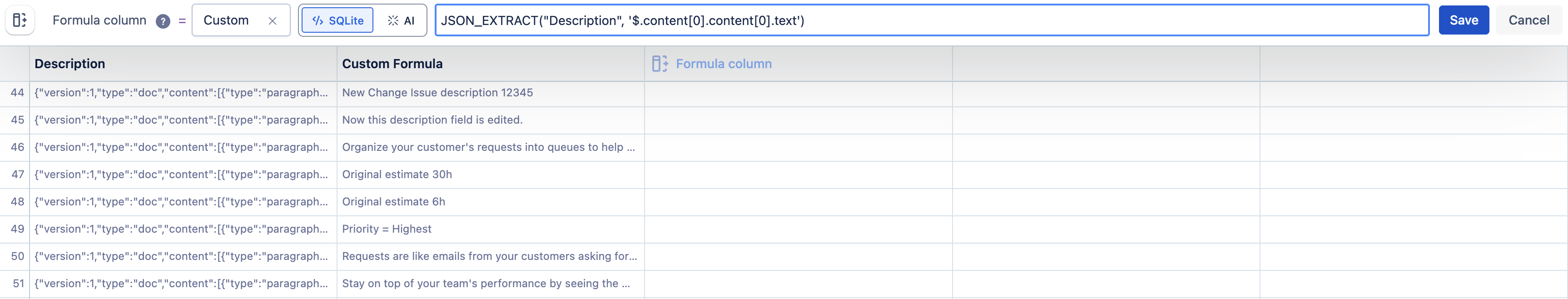 A custom formula using the JSON_EXTRACT function has been applied to extract the work item’s description text from the Description column.