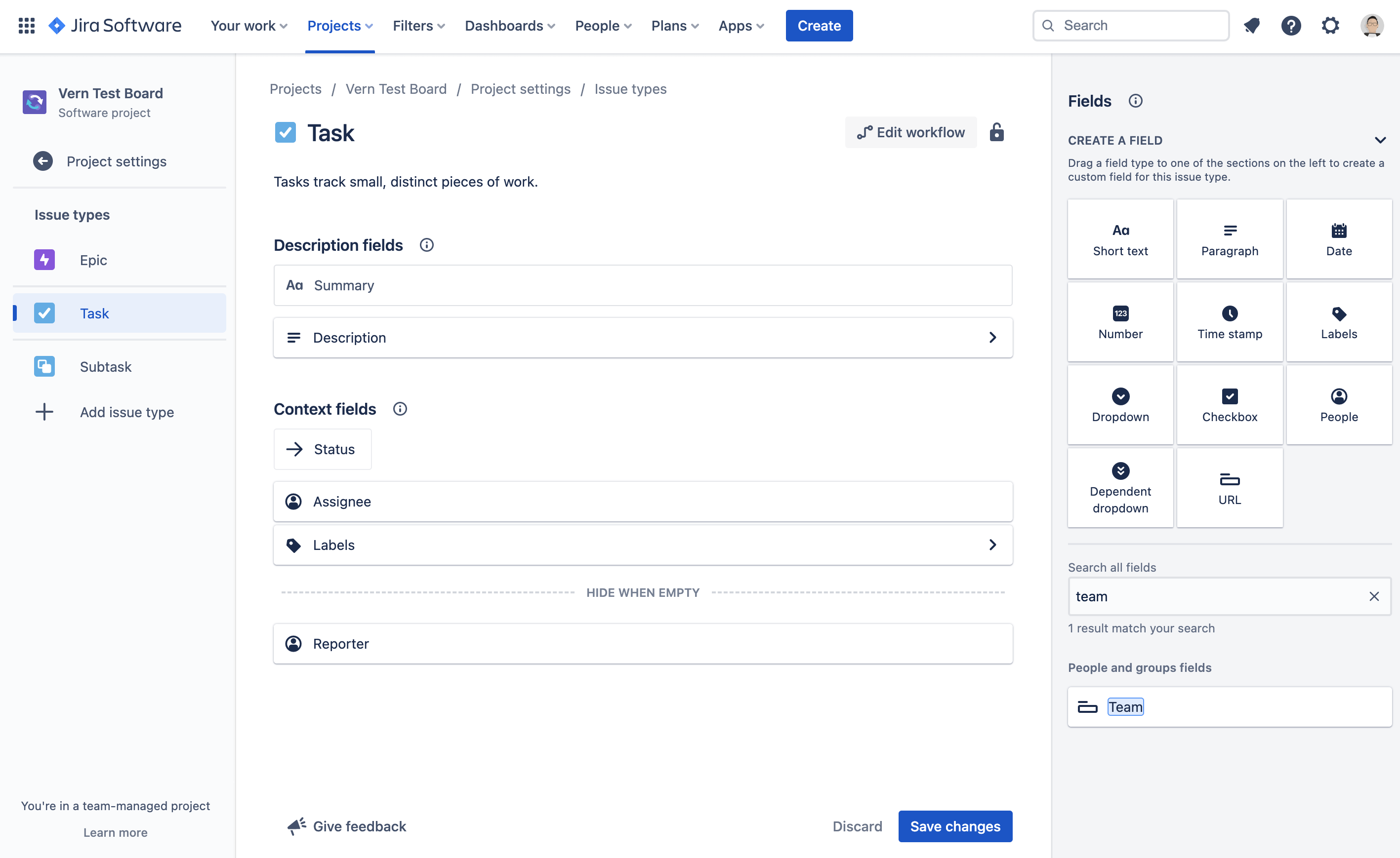 The Issue Types page in a team-managed project's settings in Jira.