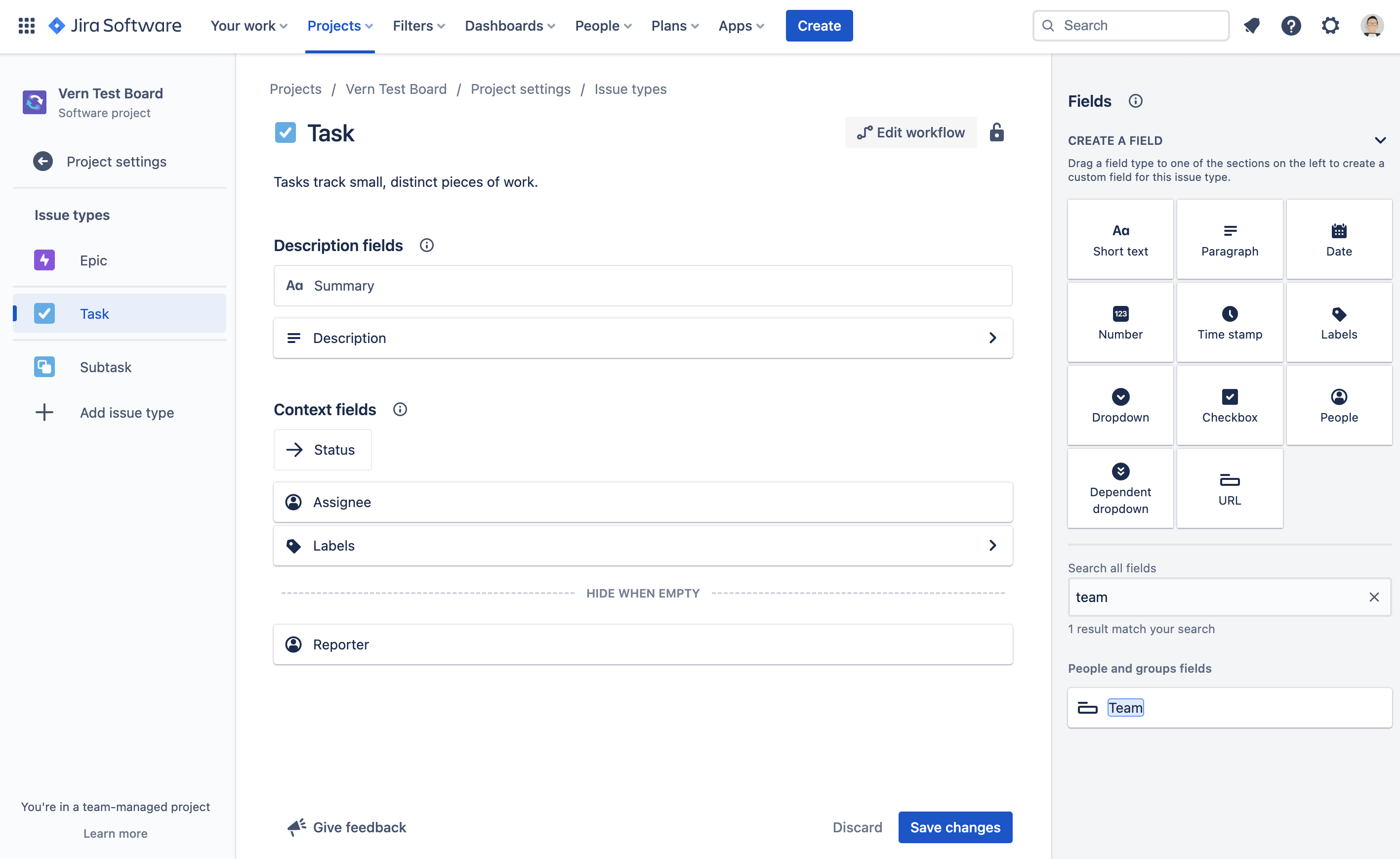 Jira におけるチーム管理対象プロジェクトの設定の [課題タイプ] ページ。