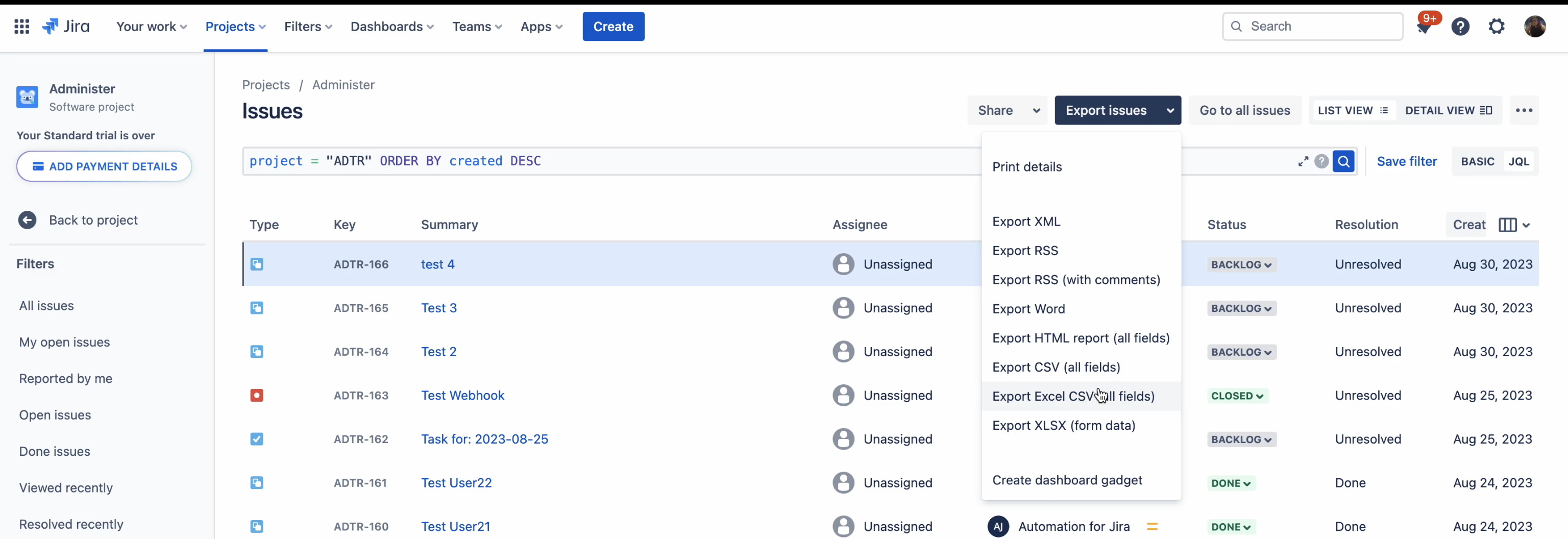 Export issues from jira is CSV