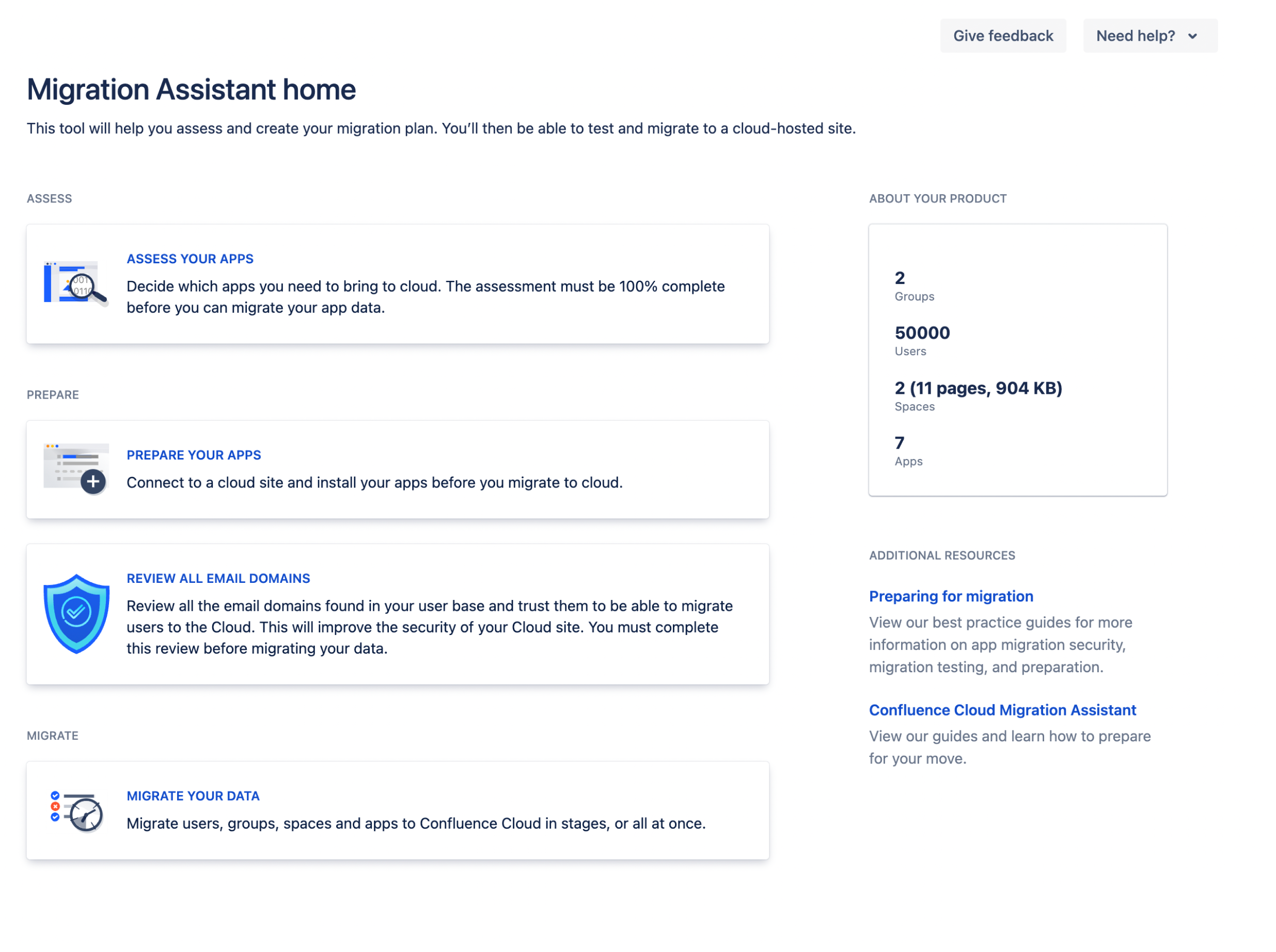 Confluence Cloud Migration Assistant のホーム画面。
