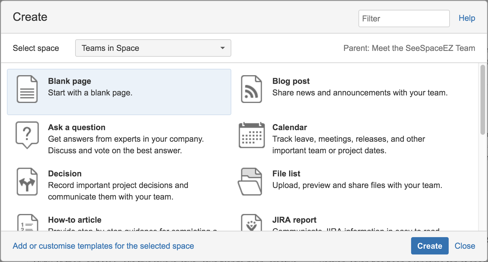 Screenshot that shows the page blueprints modal dialog