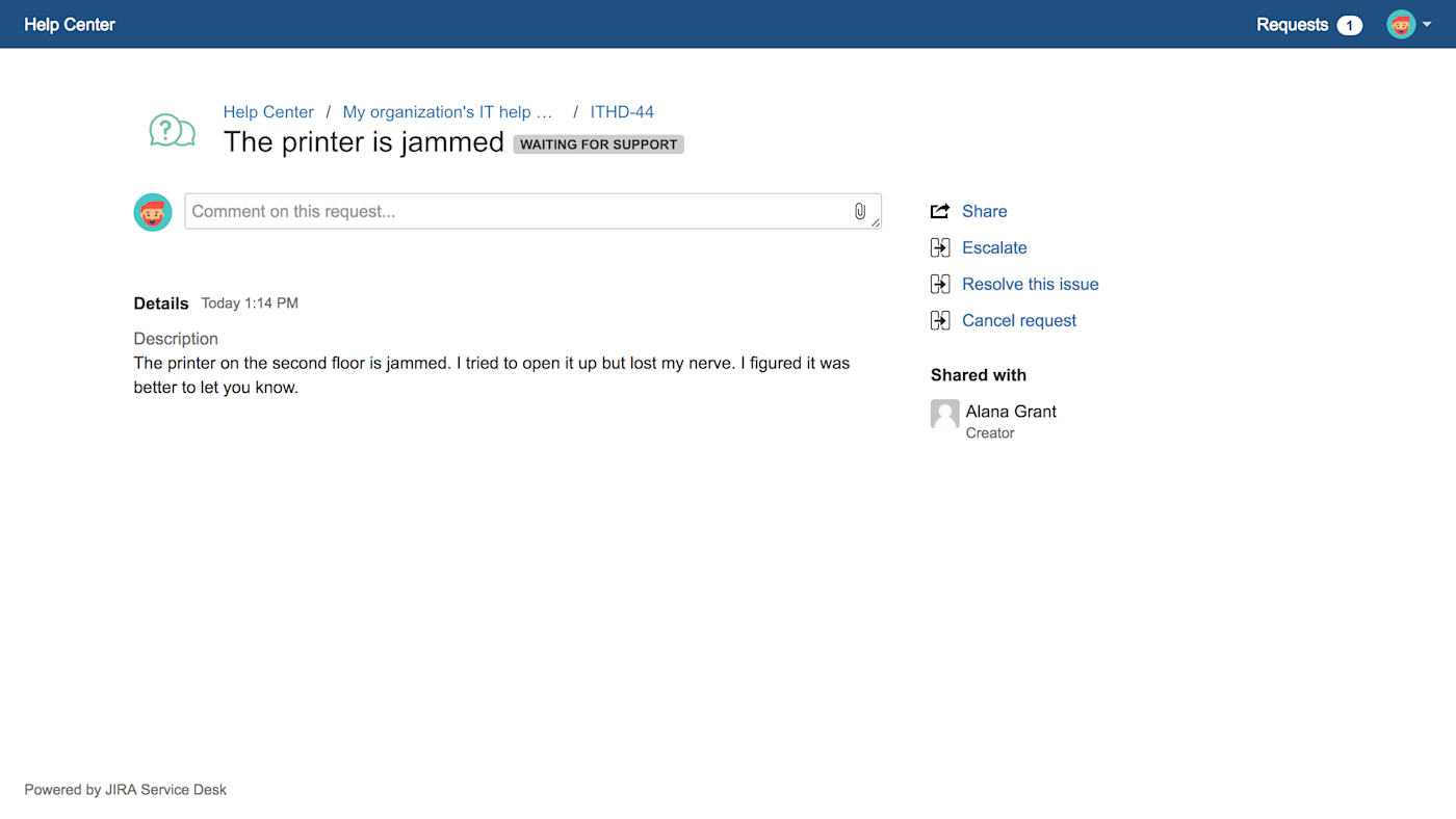 A screen with the title "The printer is jammed", a comment field, and options to share the request