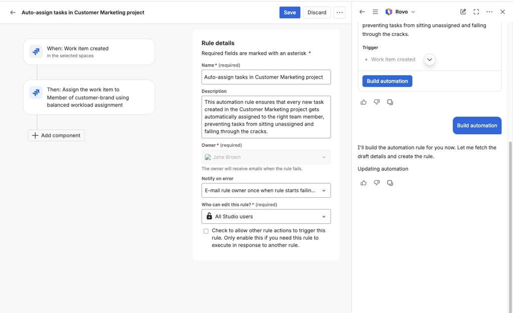 Rovo Studo chat interface showing a confirmation button to build automations. Part of the image shows the automation rule.