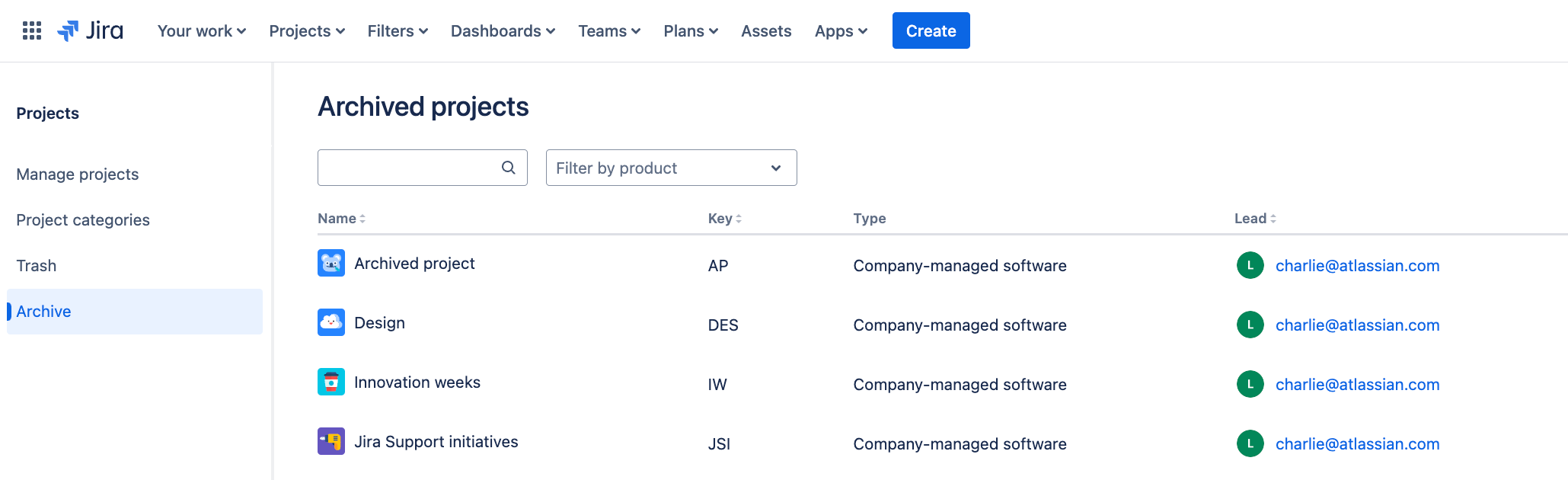 Page with archived projects in Jira Cloud.