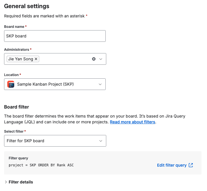 The board settings screen of a Kanban board, found in the General and filter tab