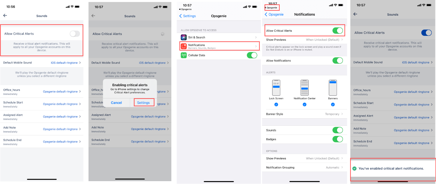 An image showing critical alert process in Opsgenie's iOS app.