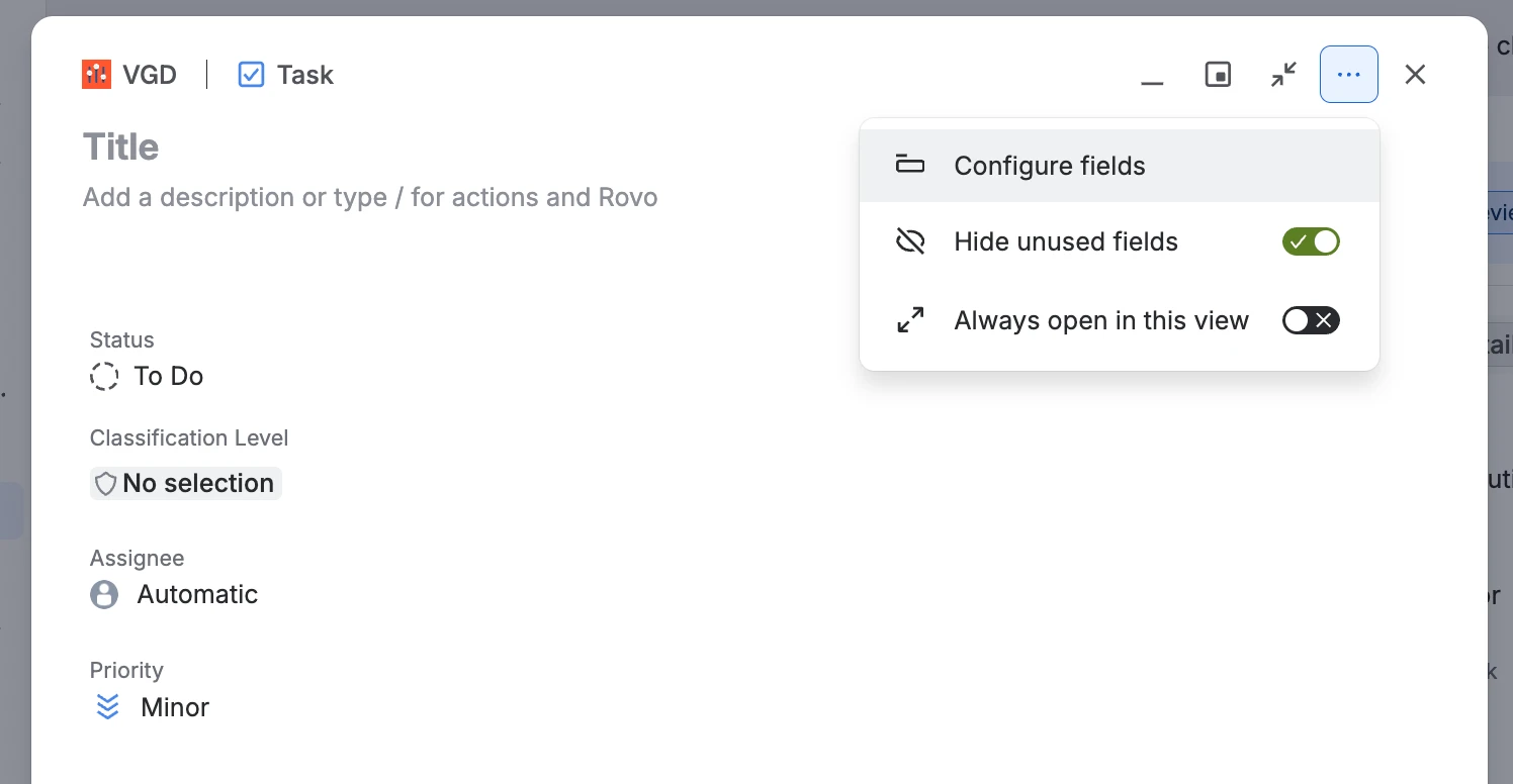 The settings panel on a work item
