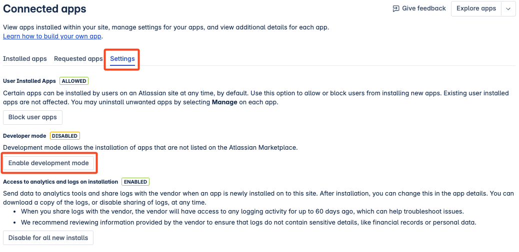 Jira cloud connected apps settings