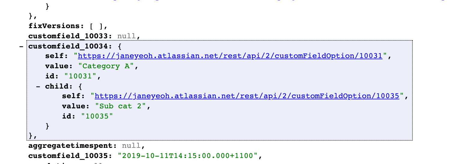 課題の JSON のスクリーンショット。カスタム フィールドが展開されています。フィールドの URL、値、ID が表示されています。