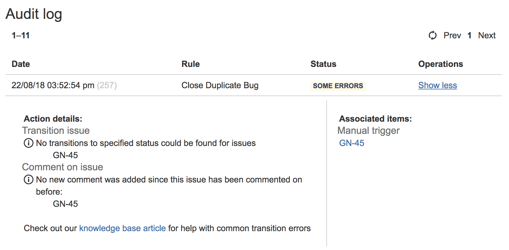 Audit log for an automation rule with an error status, containing the "No transitions to specified status…" error.