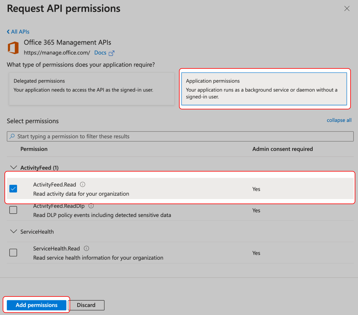 Screenshot of Application permissions with the ActivityFeed.Read permission ticked