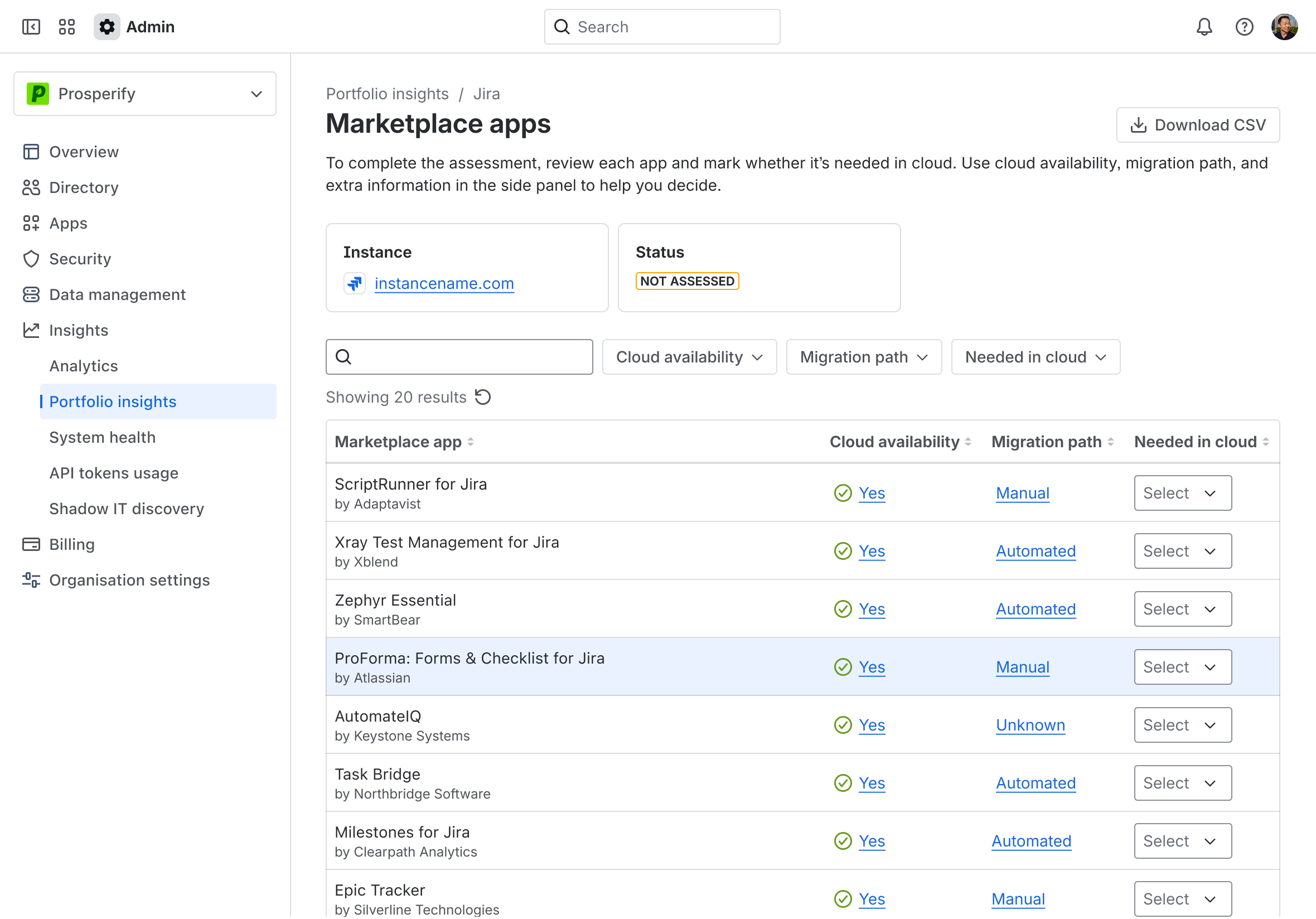Assessment page for Marketplace apps in Portfolio Insights