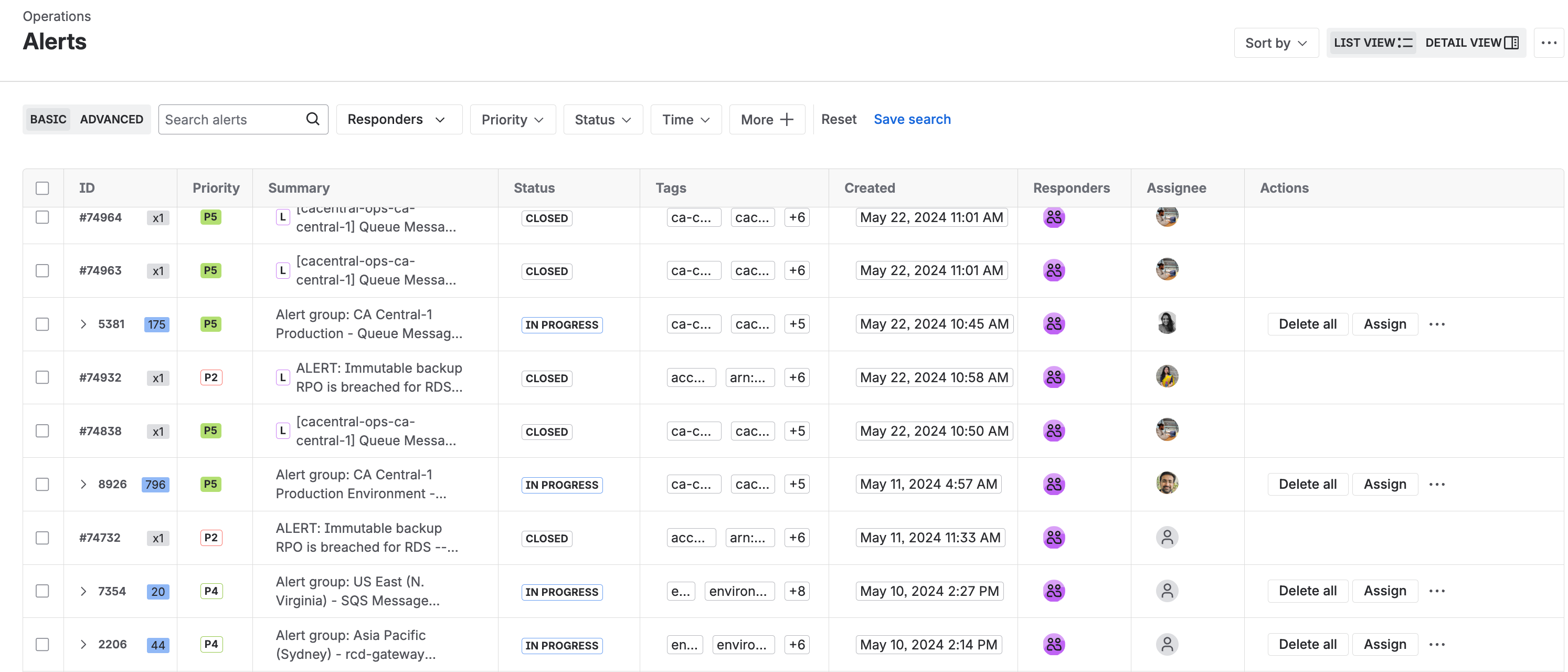 Navigate the alert list that also includes alert groups created by Rovo