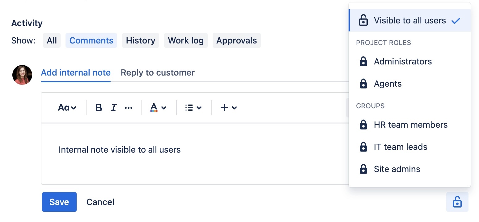 An internal note on the issue view. Visibility is set to 'visible to all users'. Other project role and groups can be chosen.