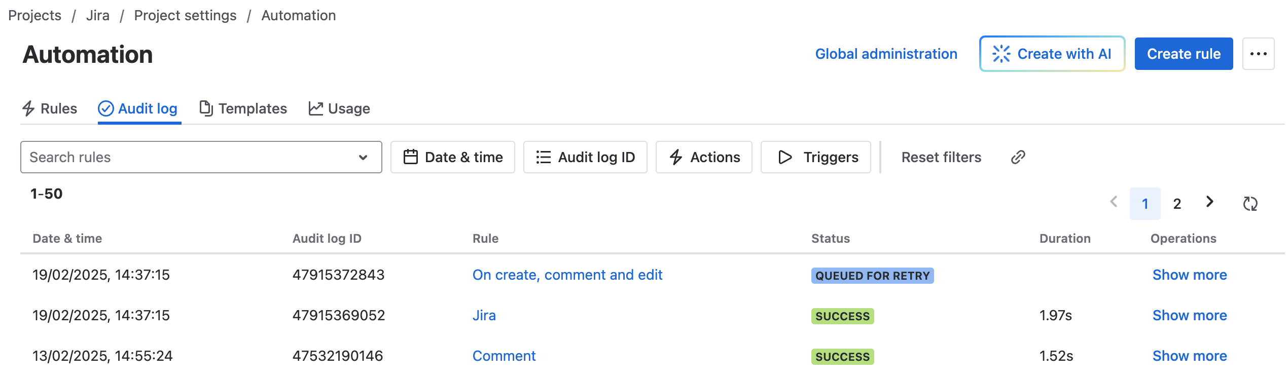 Example of rule queued for retry in Atlassian Automation