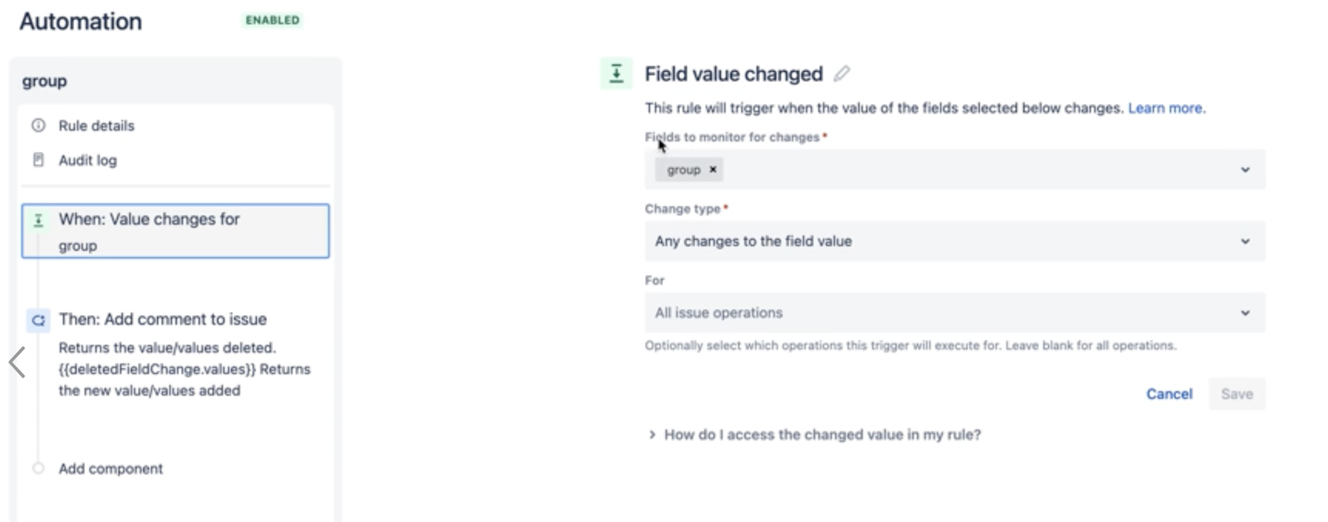 Field value changed trigger in automation rule