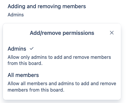 Trello board setting showing add and remove permissions.