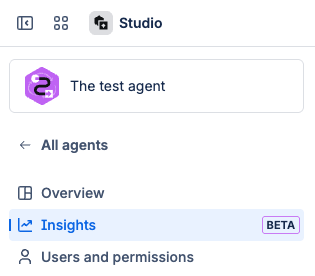 An agent in Studio shows Insights selected in a left-hand side menu with a Beta label
