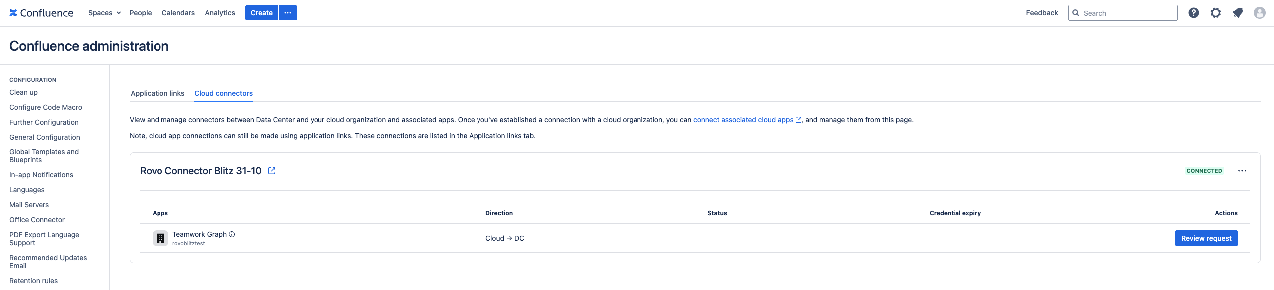 Cloud connectors screen in Confluence Data Center admin with Review request option for Rovo connector