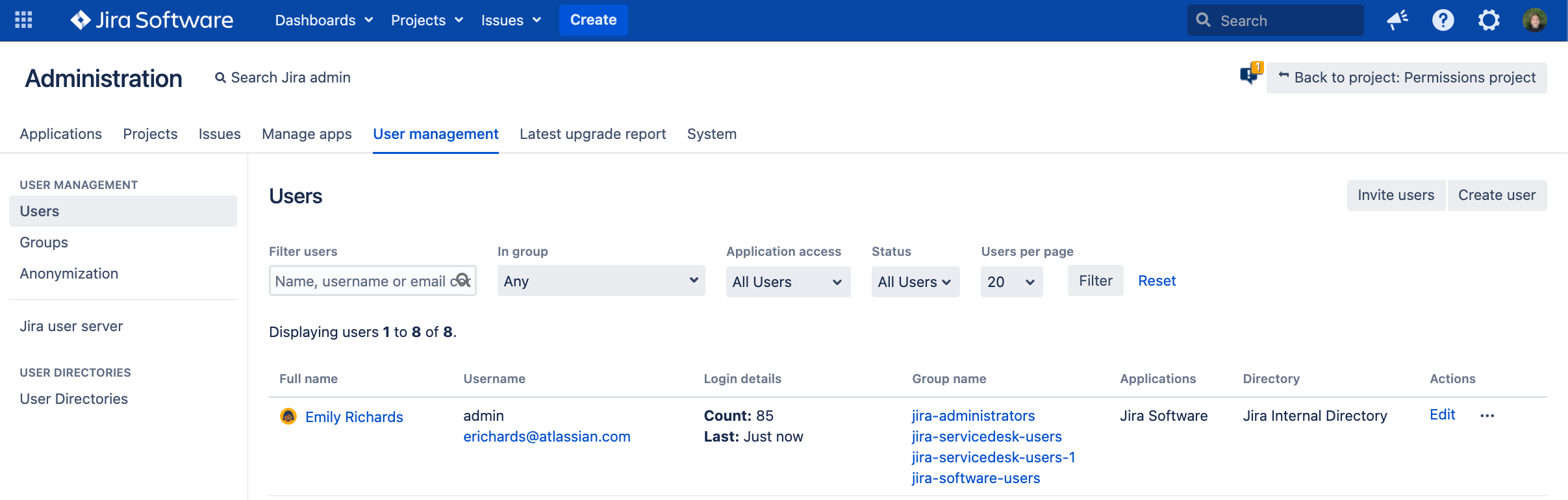 Jira Data Center のユーザー ビュー