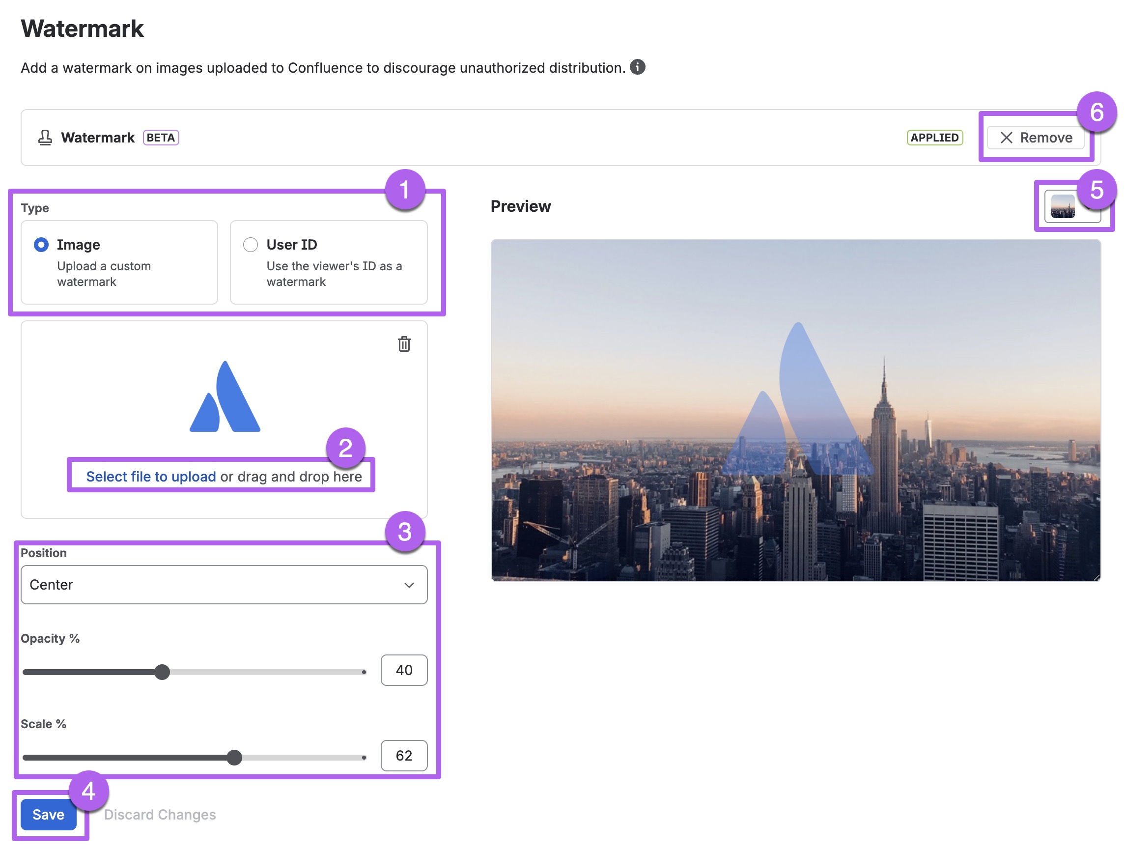 The Confluence watermark settings page, annotated.
