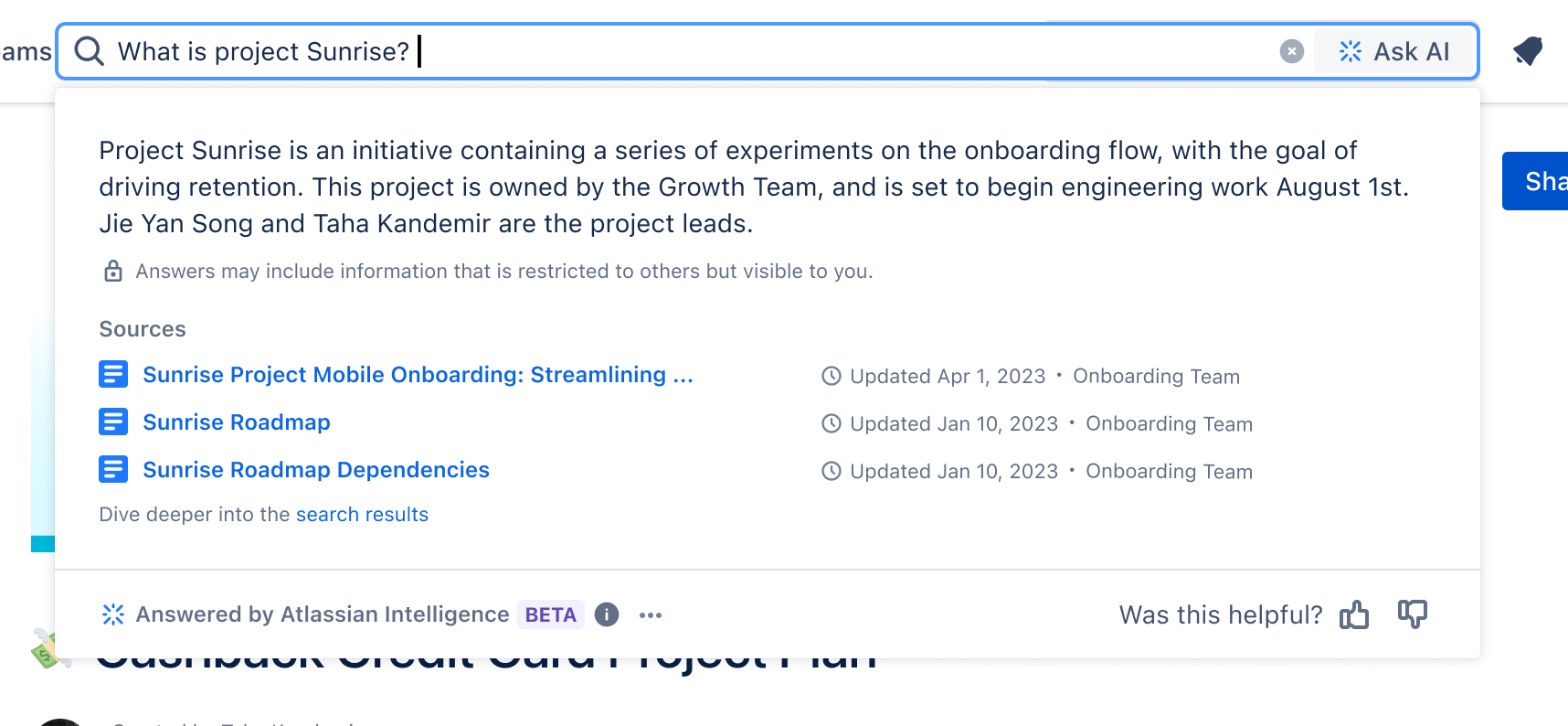 Confluence での検索時における Atlassian Intelligence の操作例