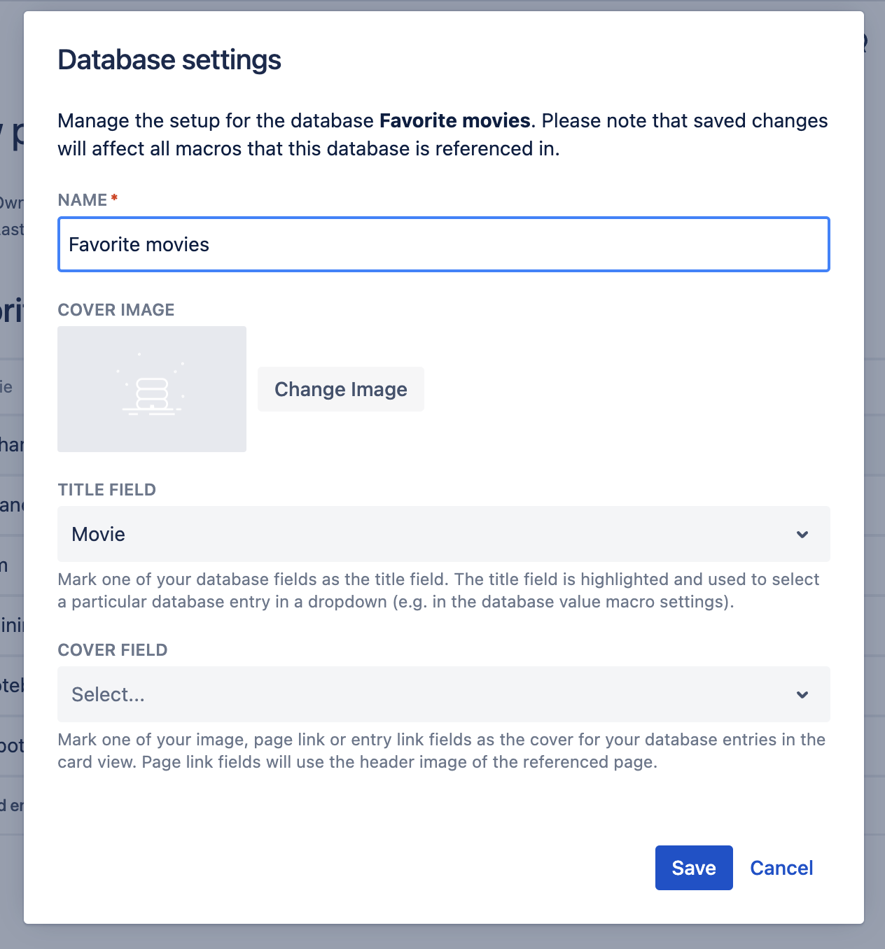 The database settings dialog